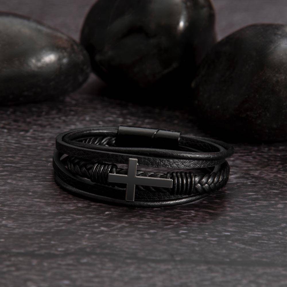 Personalized leather cross bracelet for son.