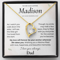 Thumbnail for Personalized gold heart necklace with wedding day message card for daughter from Dad.