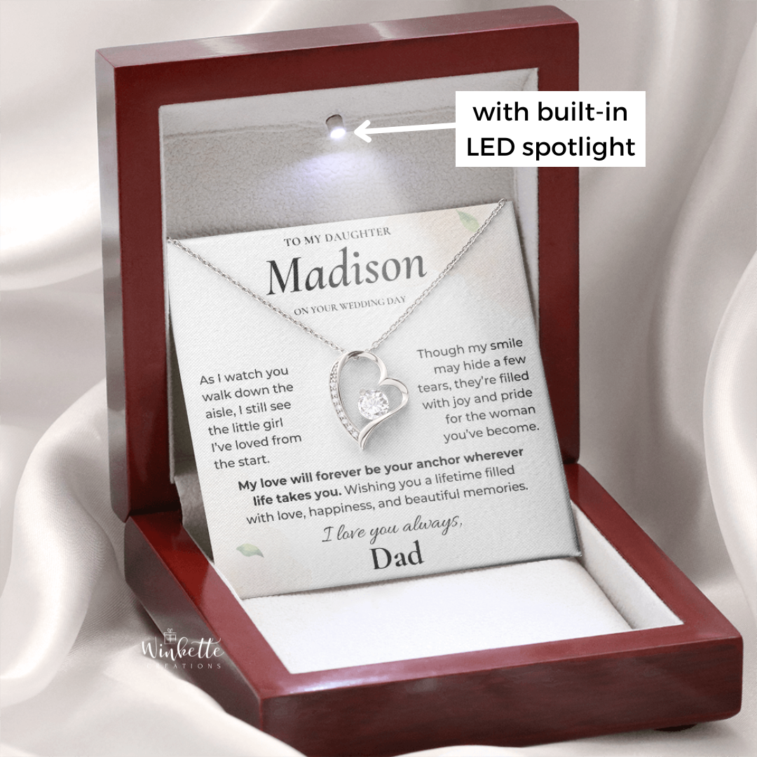 Personalized daughter wedding necklace in luxury wooden LED gift box with heartfelt message card.
