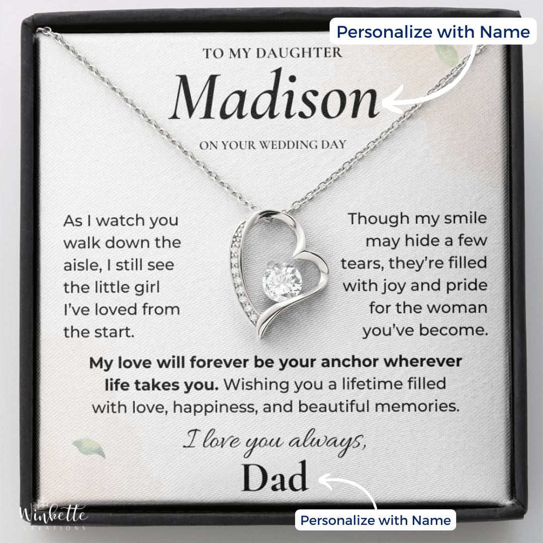 Personalized silver heart necklace with wedding day message card for daughter from Dad.