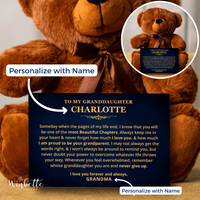Thumbnail for Brown teddy bear with a personalized message card in canvas in front of it. Gift for granddaughter
