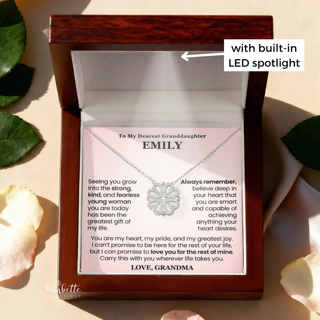 Necklace in a wooden box with a message card and built-in LED spotlight
