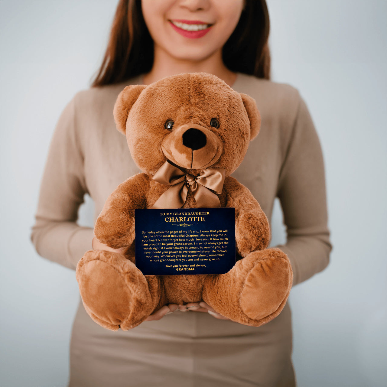 Cute teddy bear for granddaughter from grandma grandpa with meaningful personalized message in canvas.