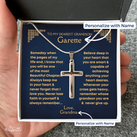 Thumbnail for A silver cross necklace on a chain, presented in a gift box with a personalize message card for a grandson.