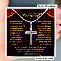 Thumbnail for A silver cross necklace on a snake chain presented in gift box with a personalized message for a grandson from grandma
