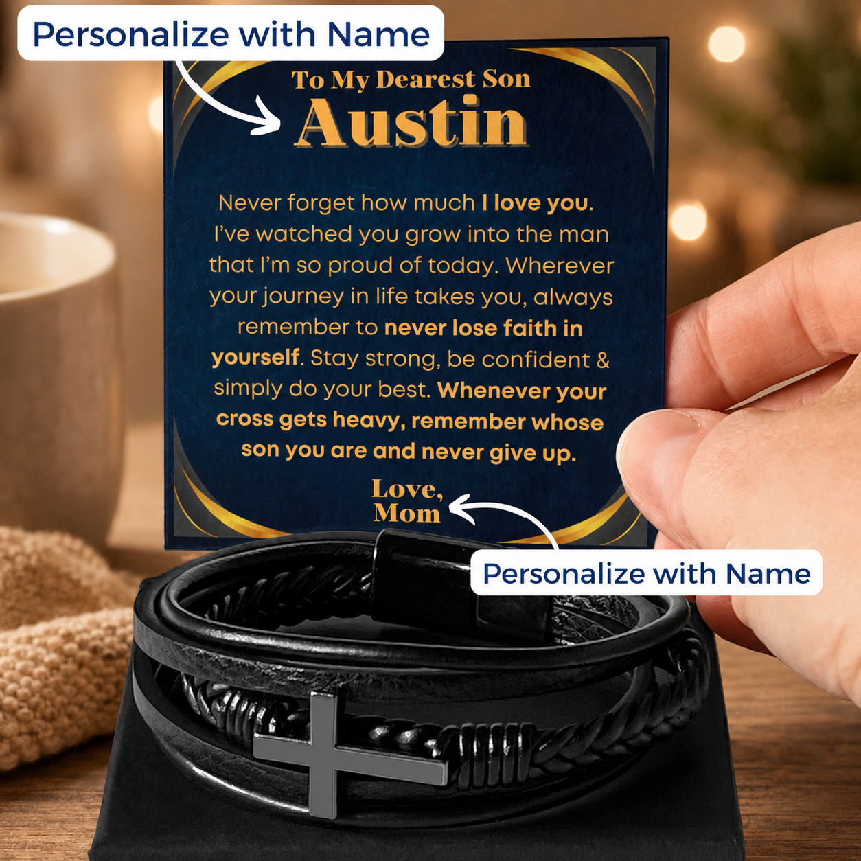 Cross bracelet for son with personalized message card featuring his name and sender name.