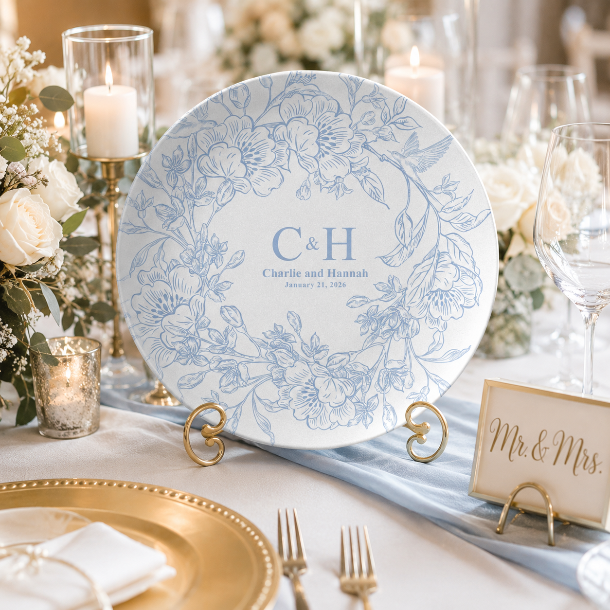 Personalized wedding plate with blue floral design, couple names and wedding date displayed on a gold easel as the centerpiece of an elegant wedding reception table with candles and white floral arrangements.
