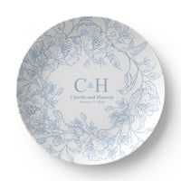 Thumbnail for Personalized polymer wedding plate featuring a blue floral wreath with custom couple names, initials, and wedding date on a clean white background.