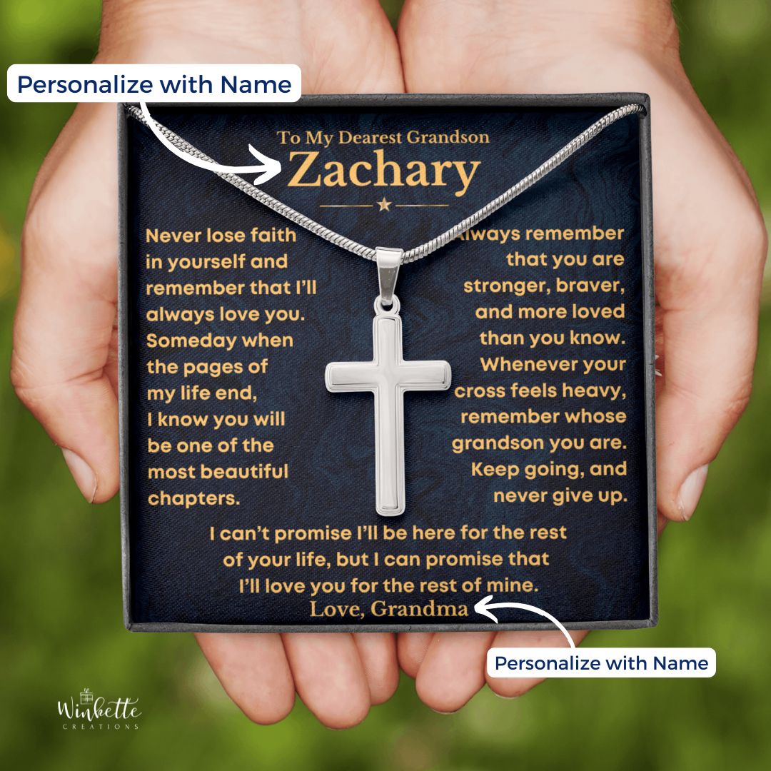 Personalized grandson cross necklace with sentimental message card gift from grandparents