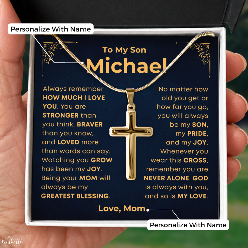 To My Son, Cross Necklace with Personalized Message Card Gift Set (S75-P)