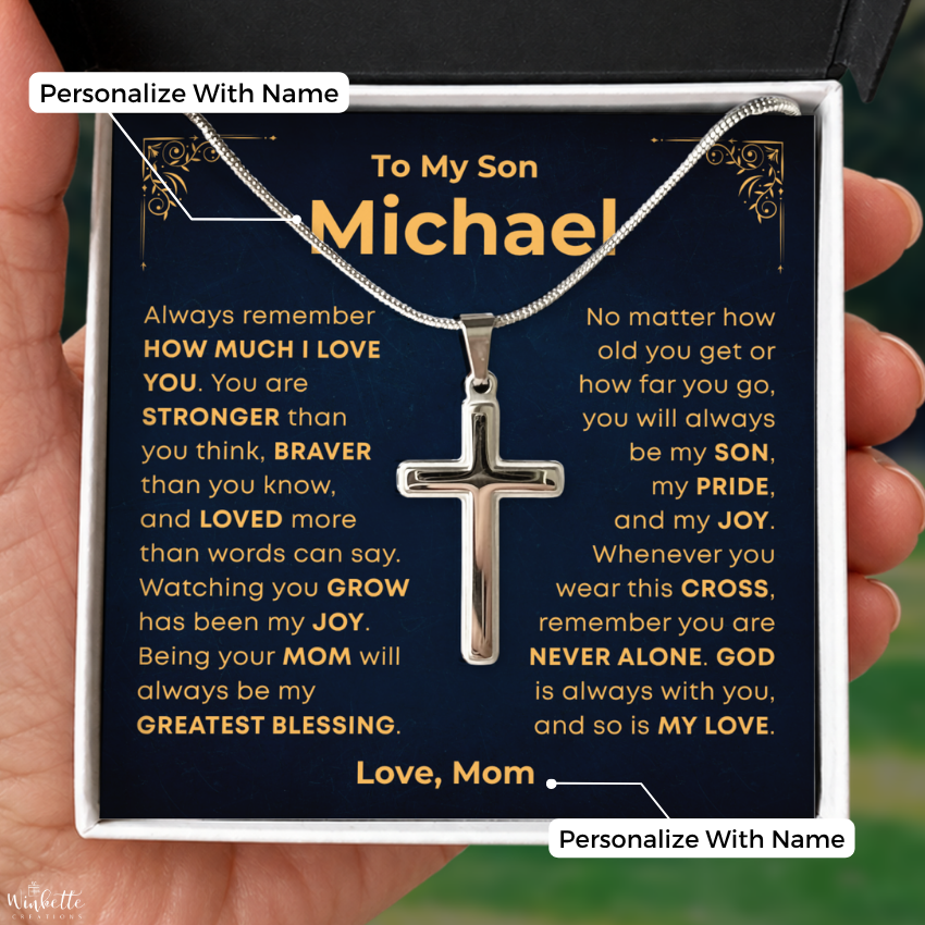 To My Son, Cross Necklace with Personalized Message Card Gift Set (S75-P)