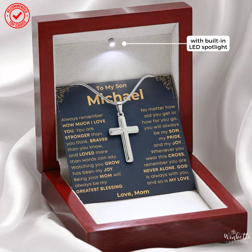 To My Son, Cross Necklace with Personalized Message Card Gift Set (S75-P)
