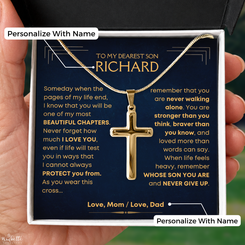 To My Son, Cross Necklace with Personalized Message Card Gift Set (S76-P)