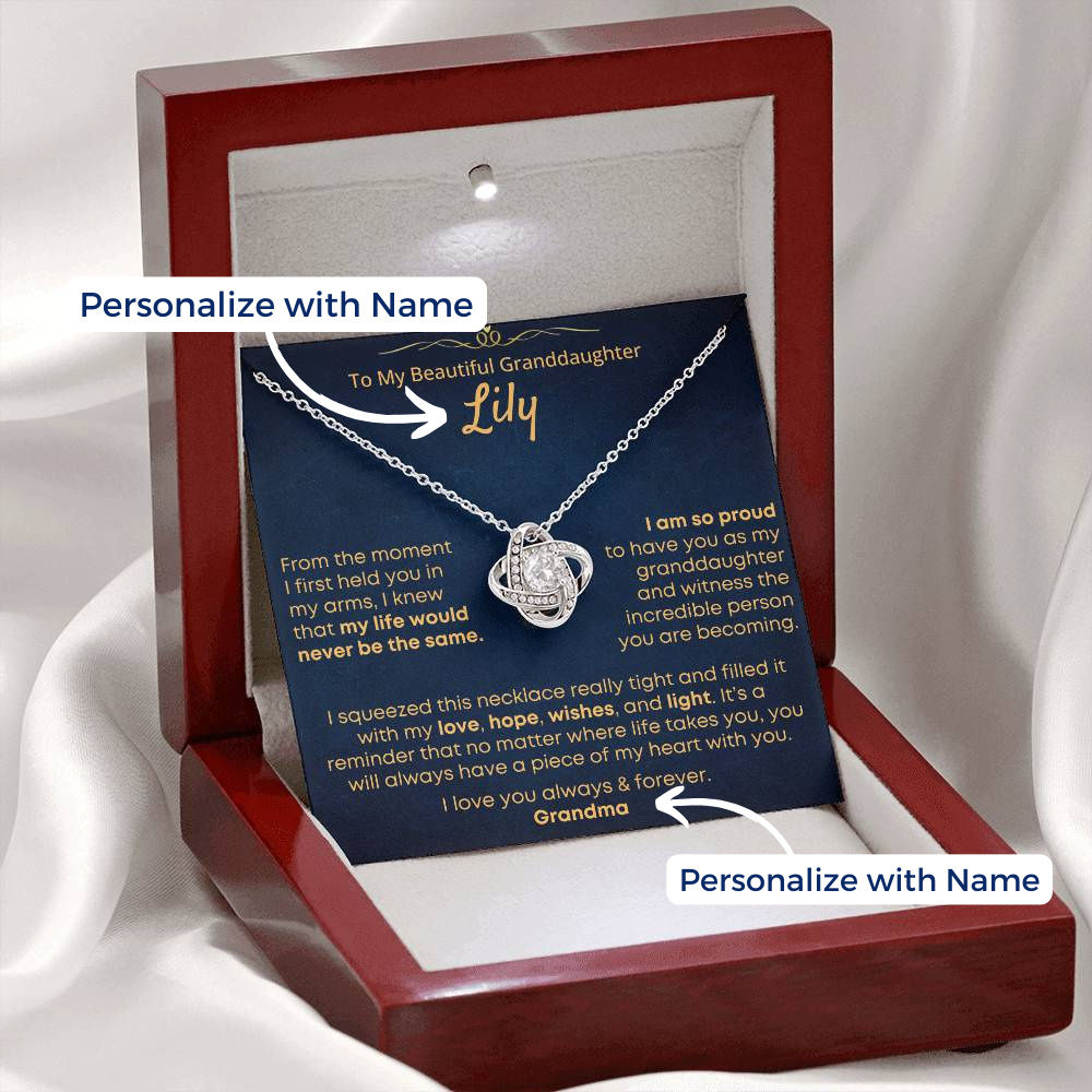 Granddaughter, Piece Of My Heart - Love Knot Necklace With Personalized Message Card (GD96-P)