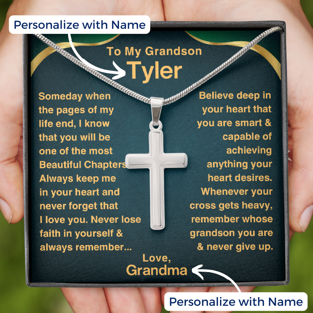 Grandson, Never Give Up - Cross Necklace With Personalized Message Card (GS48-P)