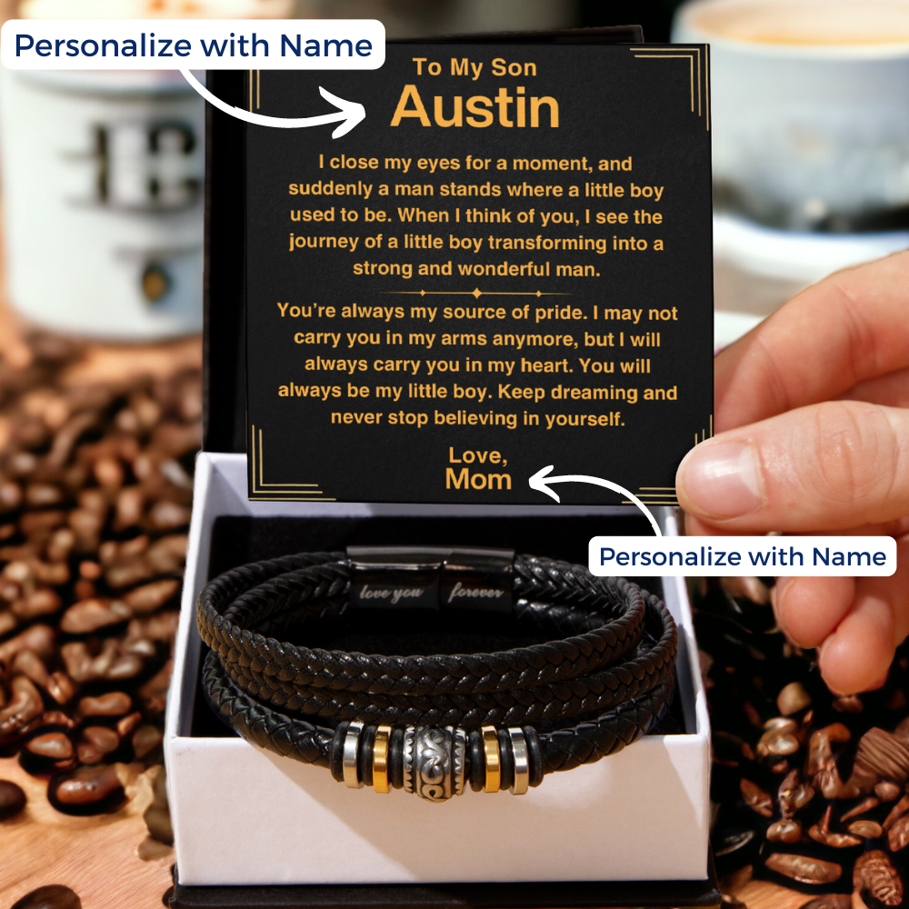 Son, Never Stop Believing - Leather Bracelet with Personalized Message Card (S48-P)