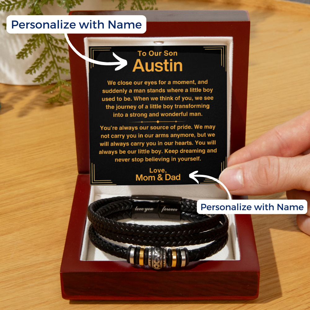 Son, Never Stop Believing - Leather Bracelet with Personalized Message Card (S48-P)