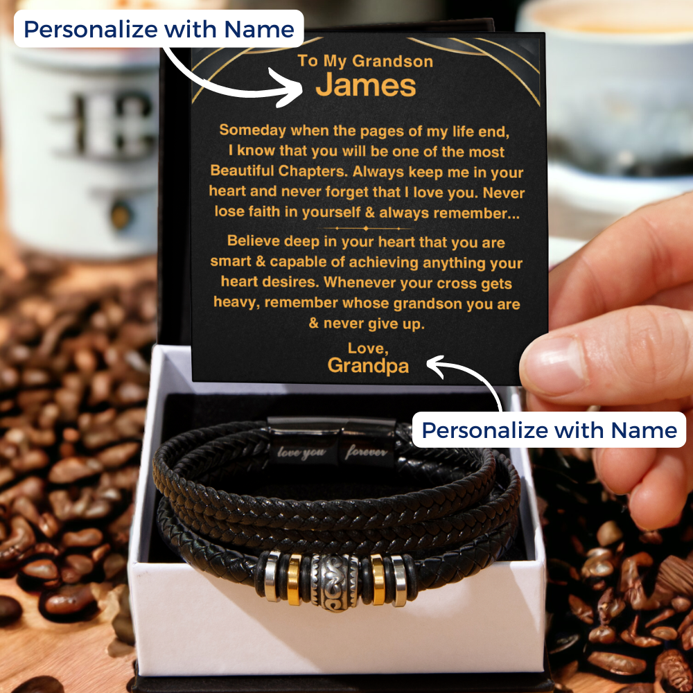 Grandson, Never Give Up - Leather Bracelet with Personalized Message Card (GS49-P)