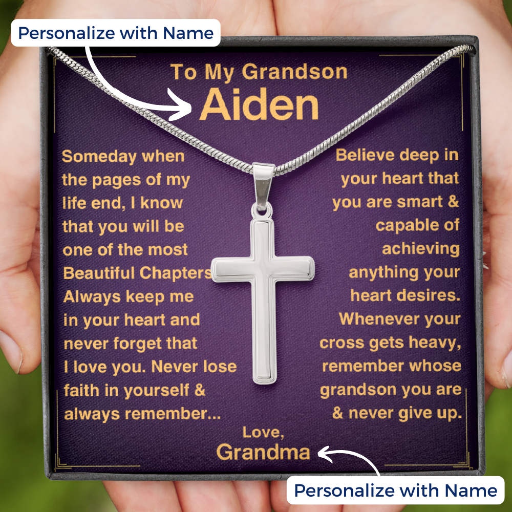 Grandson, Never Give Up - Cross Necklace With Personalized Message Card (GS50-P)