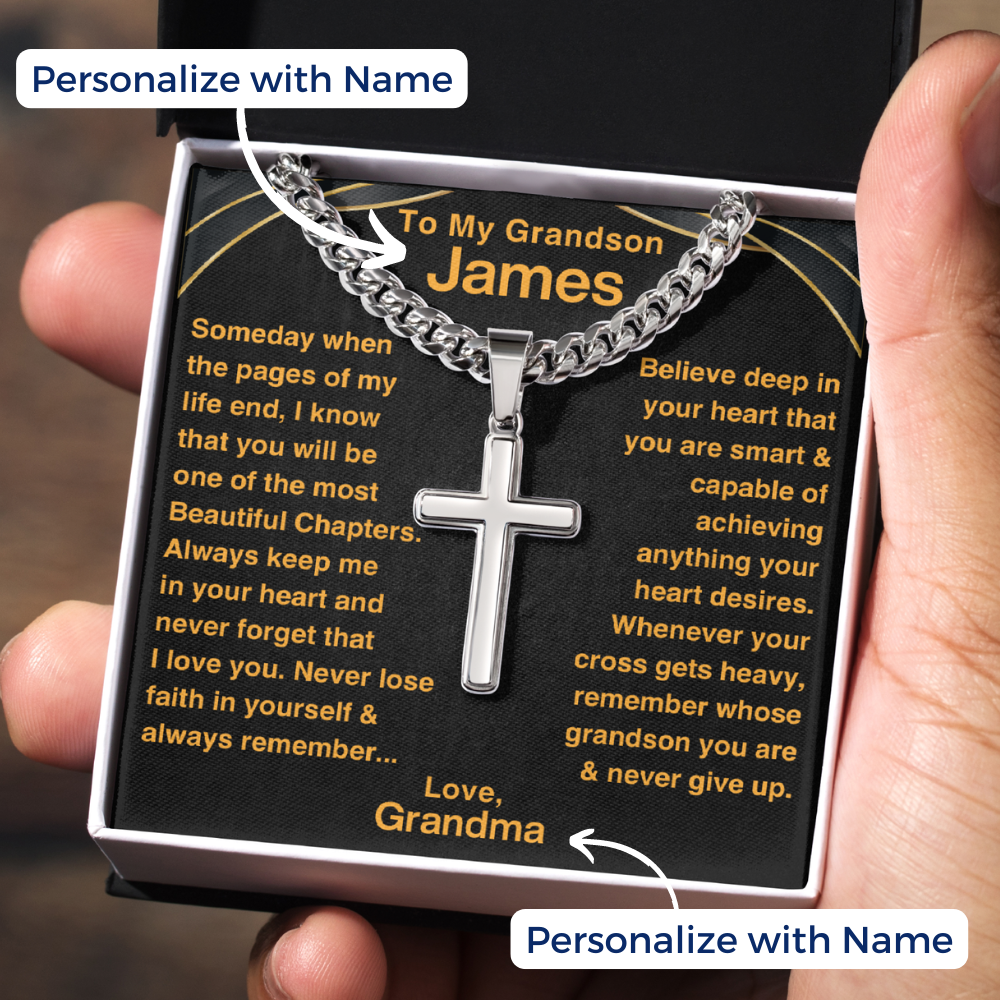 Grandson, Never Give Up - Cross Chain Necklace with Personalized Message Card (GS51-P)