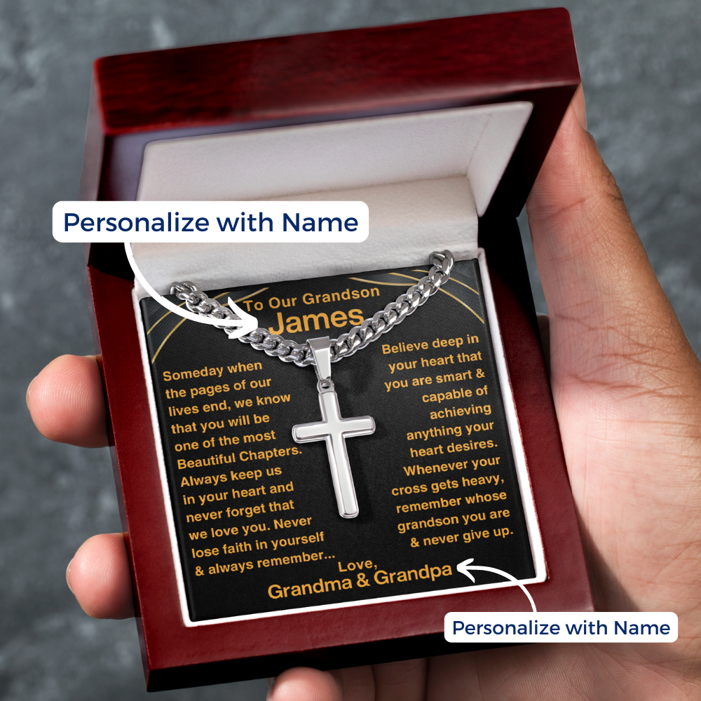 Grandson, Never Give Up - Cross Chain Necklace with Personalized Message Card (GS51-P)