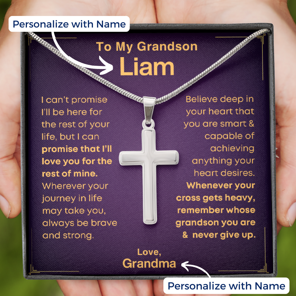 Grandson, Brave And Strong - Cross Necklace With Personalized Message Card (GS52-P)