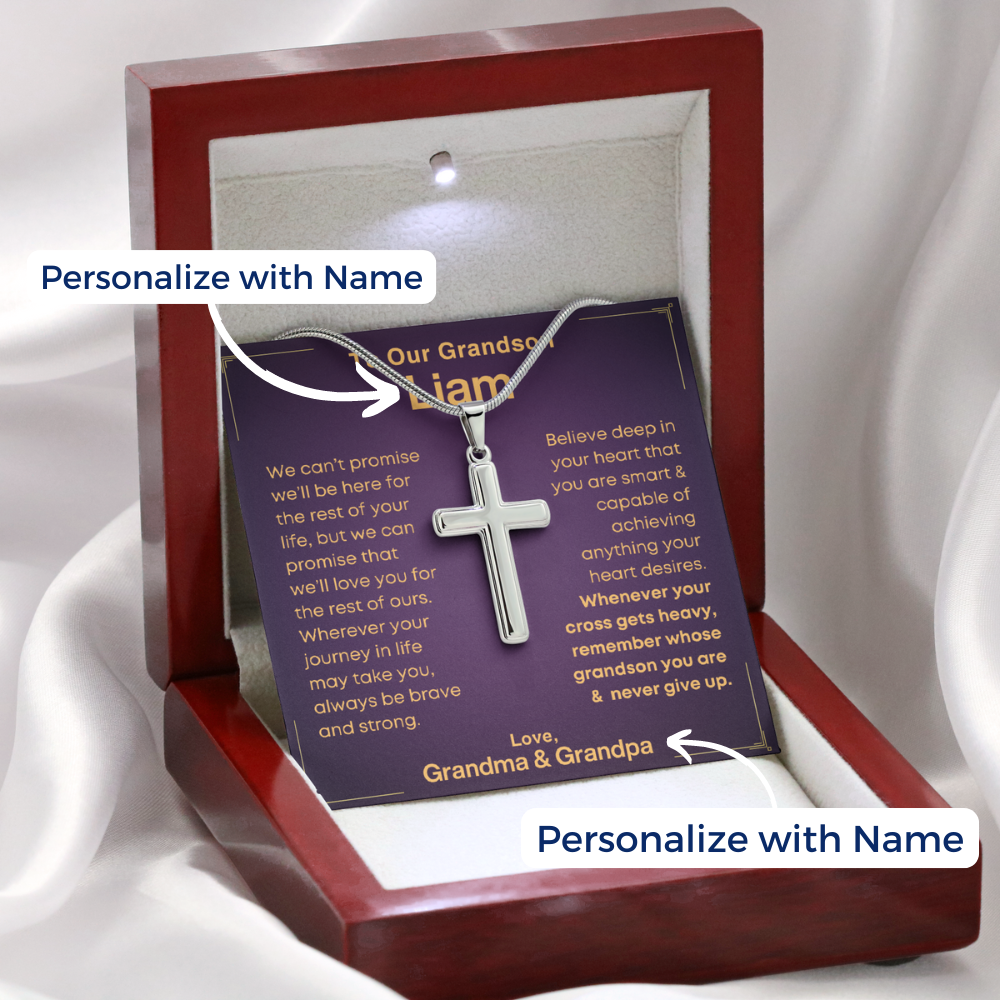 Grandson, Brave And Strong - Cross Necklace With Personalized Message Card (GS52-P)