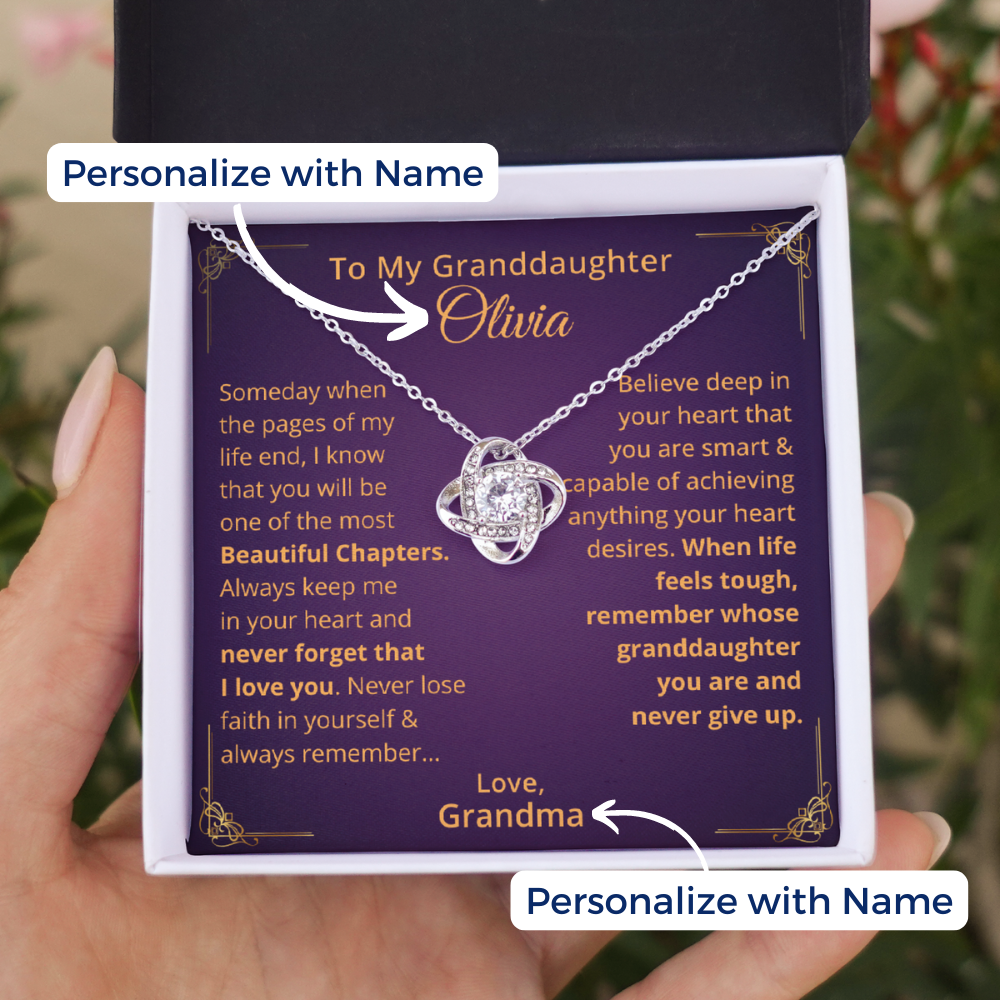 Granddaughter, Never Give Up  - Love Knot Necklace with Personalized Message Card (GD90-P)