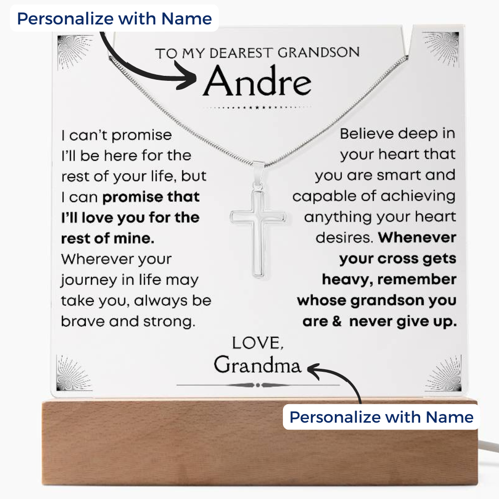 Grandson, Never Give Up - Personalized Acrylic Plaque With Cross Necklace (GS53-P)