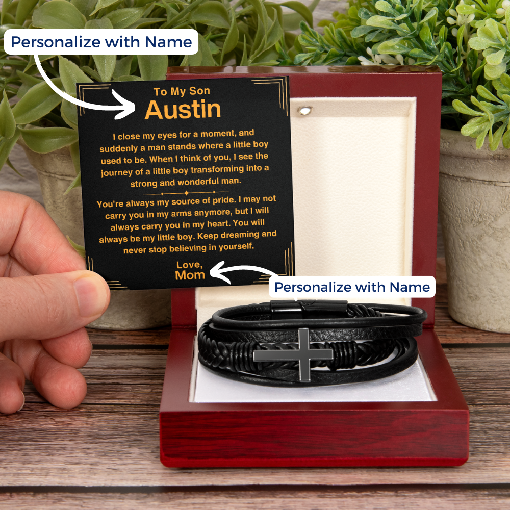 Son, Never Stop Believing - Cross Bracelet with Personalized Message Card (S49-P)