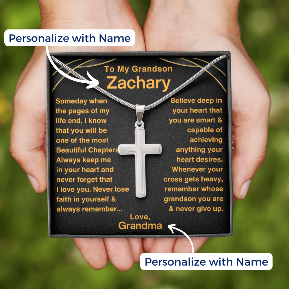 Grandson, Never Give Up - Cross Necklace With Personalized Message Card (GS47-P) 001