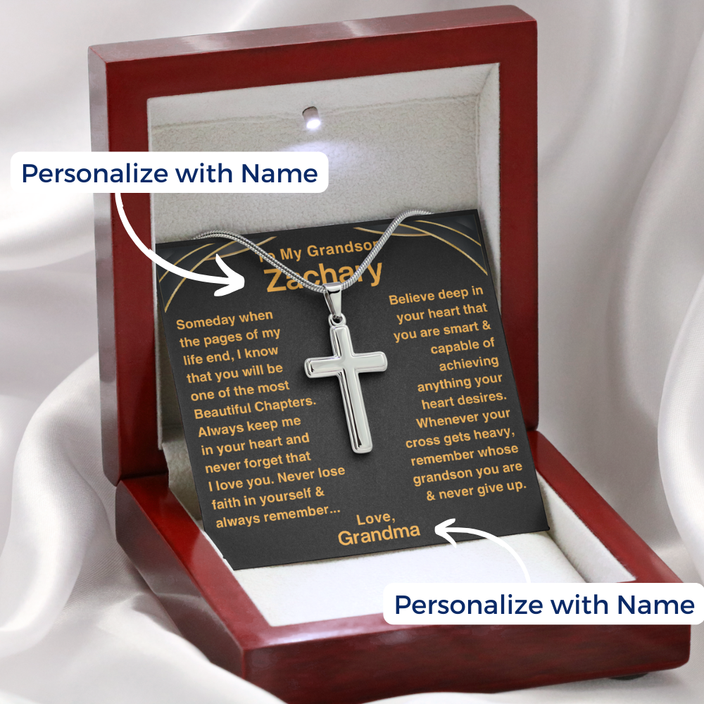 Grandson, Never Give Up - Cross Necklace With Personalized Message Card (GS47-P) 001