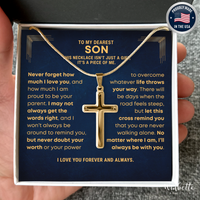 Thumbnail for Gold cross necklace in a box with sentimental message, held by a hand. Gift for son from mom dad