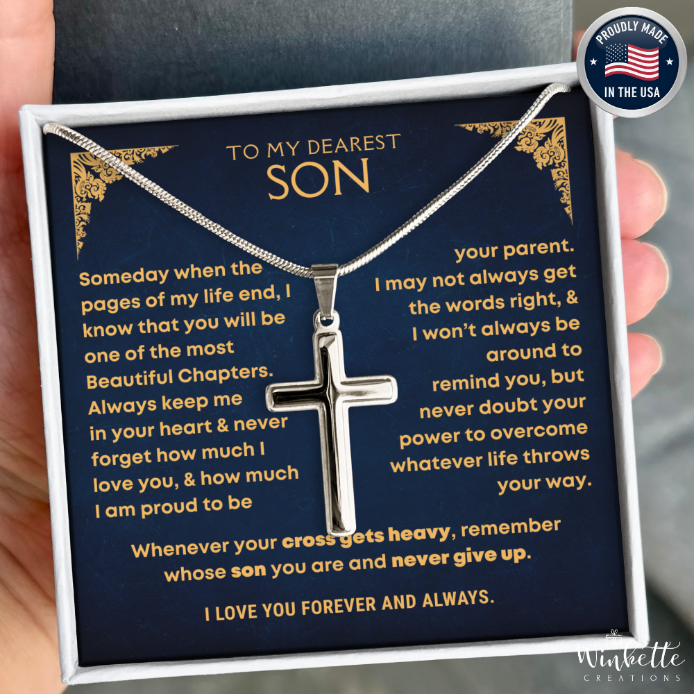 Silver cross necklace in a gift box with a message to a son, made in the USA. Gift from dad mom