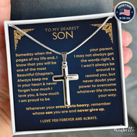 Thumbnail for Silver cross necklace in a gift box with a message to a son, made in the USA. Gift from dad mom