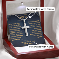 Thumbnail for Personalized silver cross necklace presented in a wooden gift box with a dark blue message card addressed 'TO MY SON JACOB' and editable text overlays reading 'Personalize with Name'.