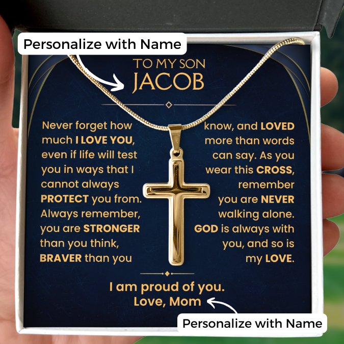 gold cross necklace with personalized message card. gift for son from mom