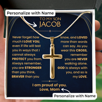 Thumbnail for gold cross necklace with personalized message card. gift for son from mom