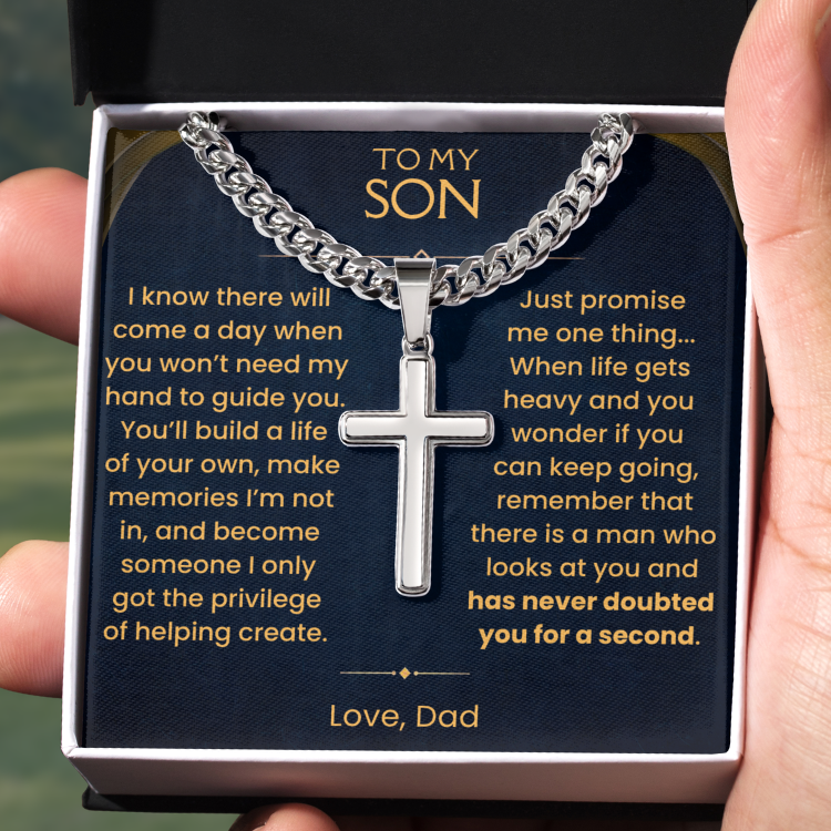To My Son, Artisan Cross on Cuban Link Chain with Love Message Card Gift Set (S74)
