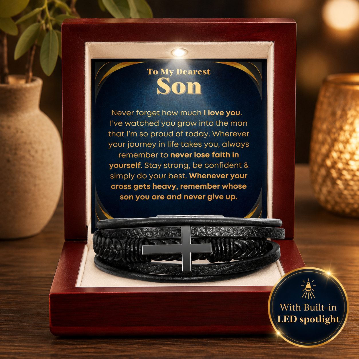 Leather cross bracelet for son displayed in luxury wooden LED gift box.