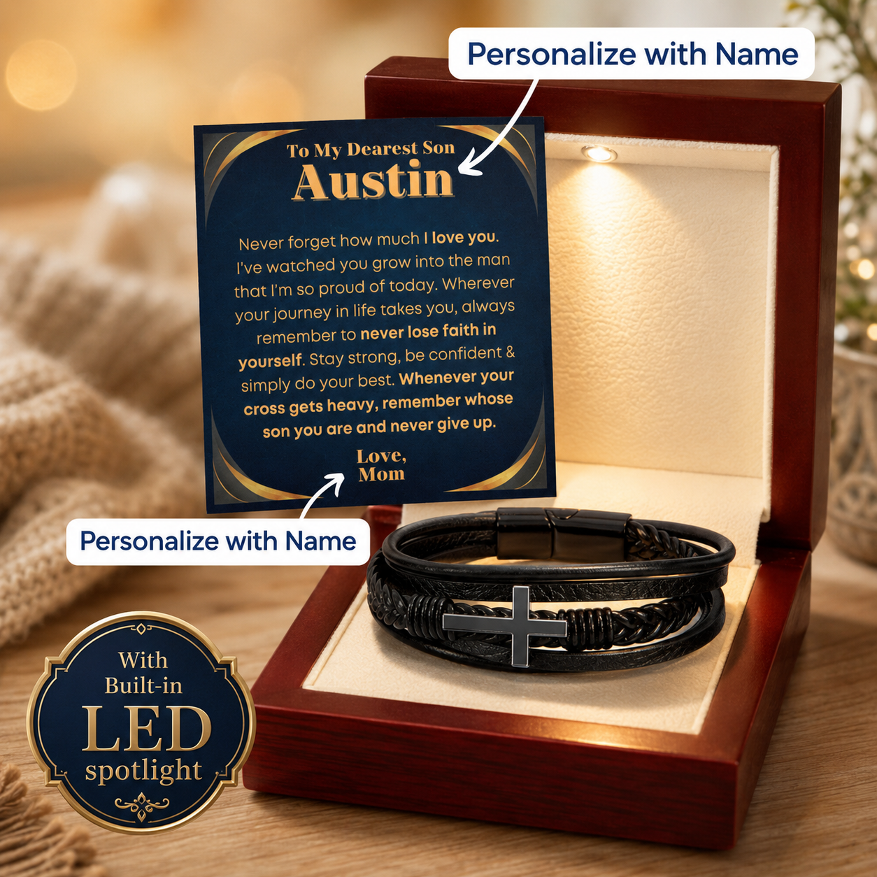 Leather cross bracelet for son displayed in luxury wooden gift box with built-in LED spotlight
