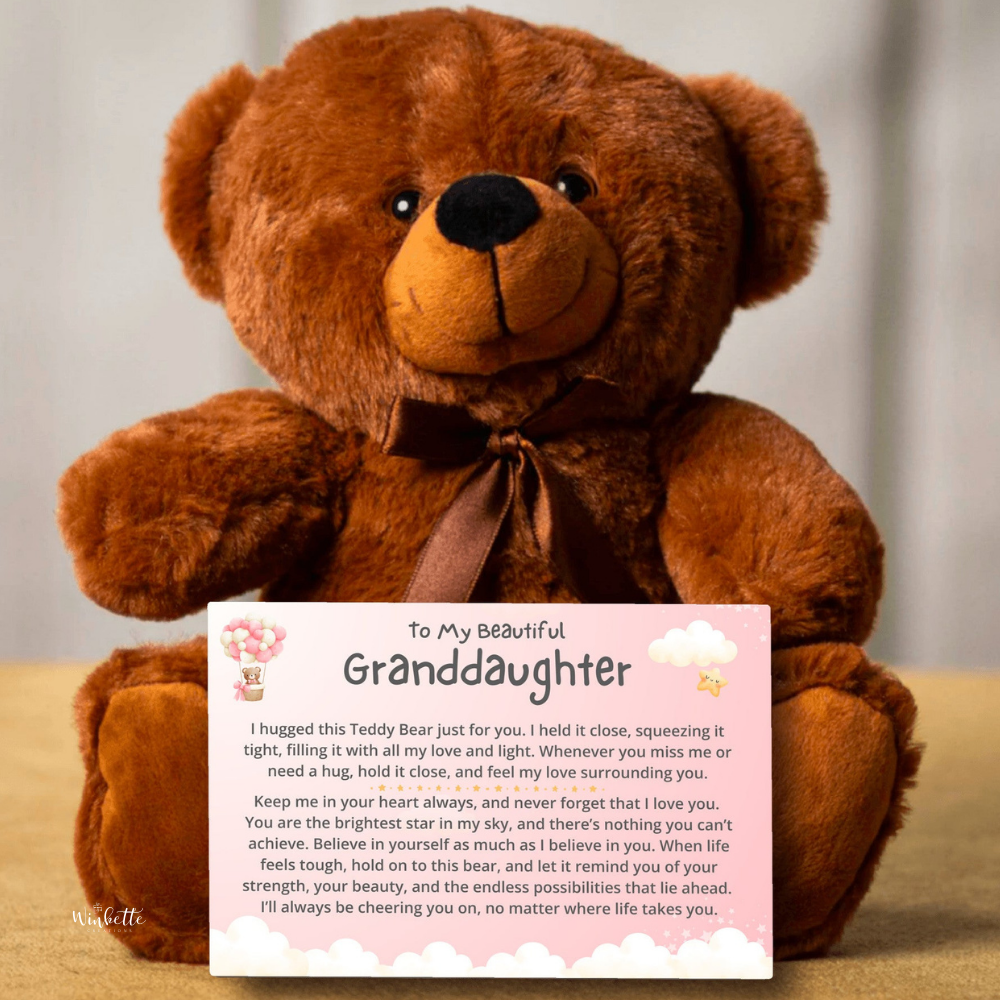 A brown teddy bear with a canvas message card placed in front of it. Perfect gift for granddaughter