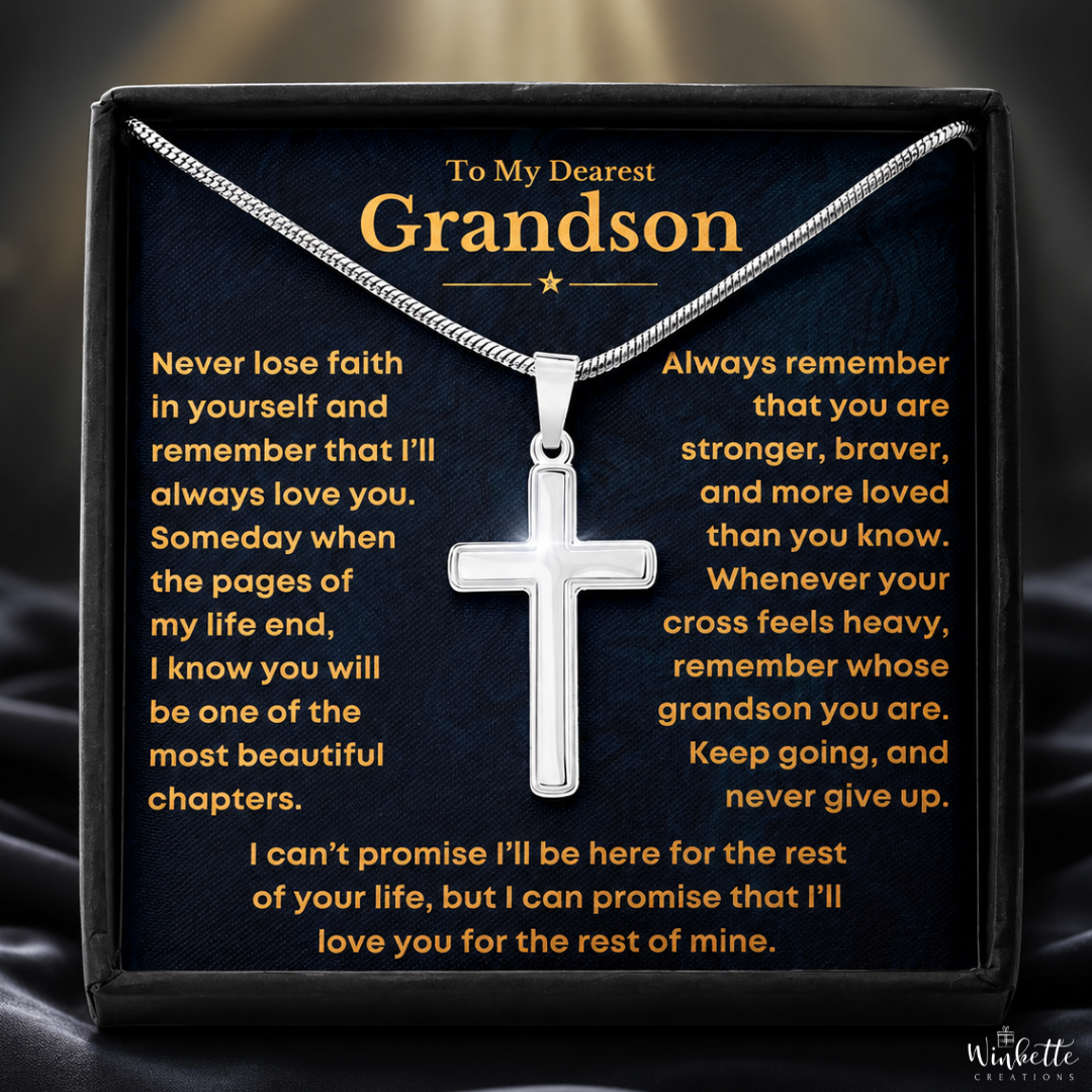 Silver cross necklace with sentimental message card for grandson