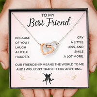Thumbnail for A friendship necklace with two intertwined hearts, one heart adorned with cubic zirconia crystals, presented in a box with a message card.
