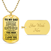 Thumbnail for A gold Dog tag necklace with engraved message for dad. Perfect for father's day gift and dad birthday gift.