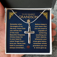 Thumbnail for Silver cross necklace displayed in a gift box with a blue message card that reads 