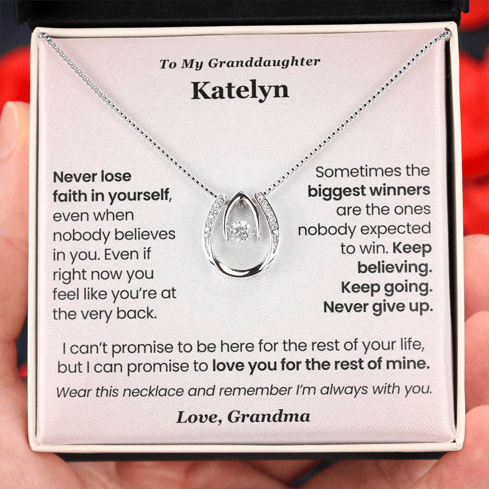 Personalized lucky horseshoe necklace gift for granddaughter from grandma or grandpa in classic gift box with inspirational message card about faith, strength, and never giving up