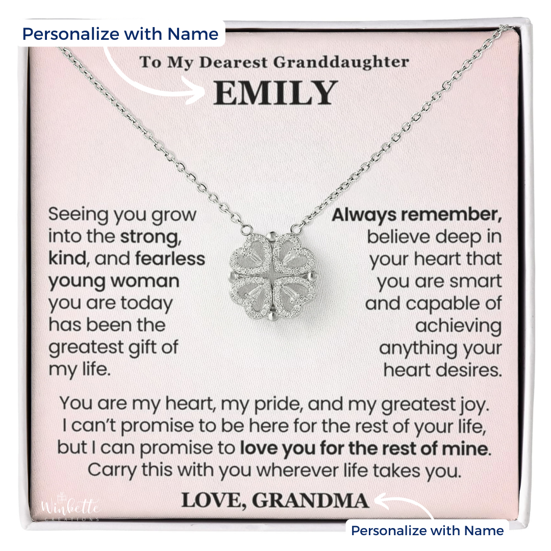 Magnetic hearts clover necklace for granddaughter displayed in gift box with heartfelt personalized message card, sentimental jewelry gift from grandma grandpa.