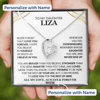 Thumbnail for A personalized love necklace for daughter with a heart-shaped pendant, presented in a box with a message card that can be customized with a name.