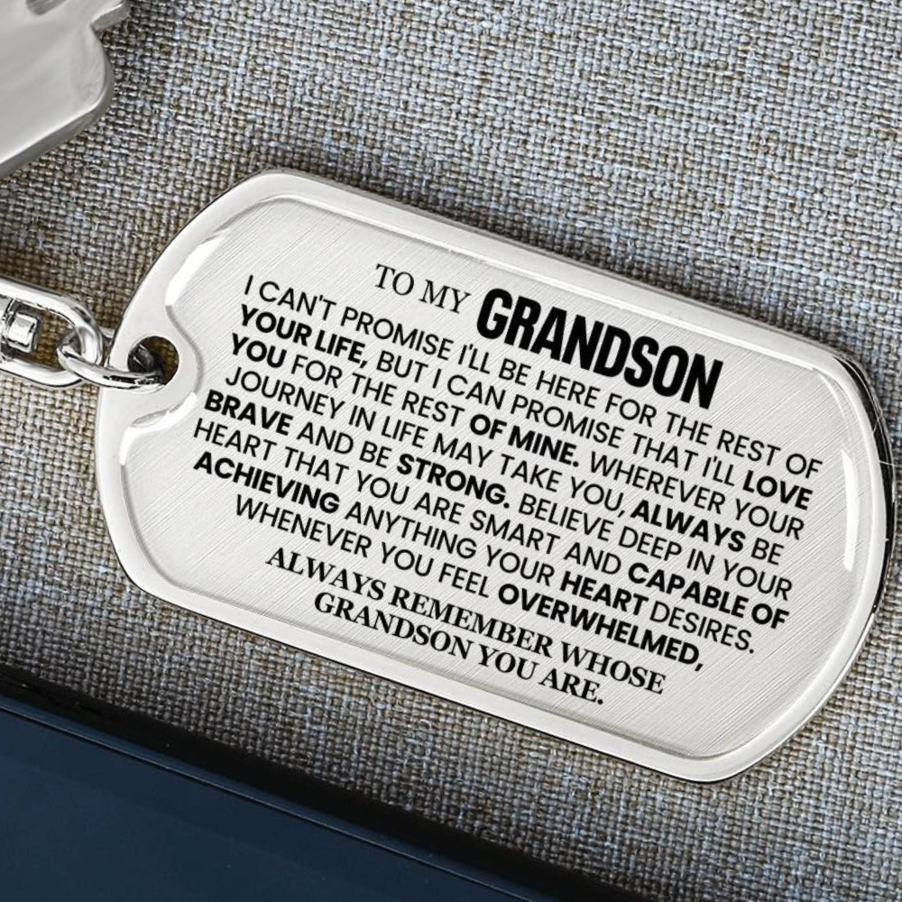 Grandson, Brave & Strong - Personalized Dog Tag Keychain (GS59)